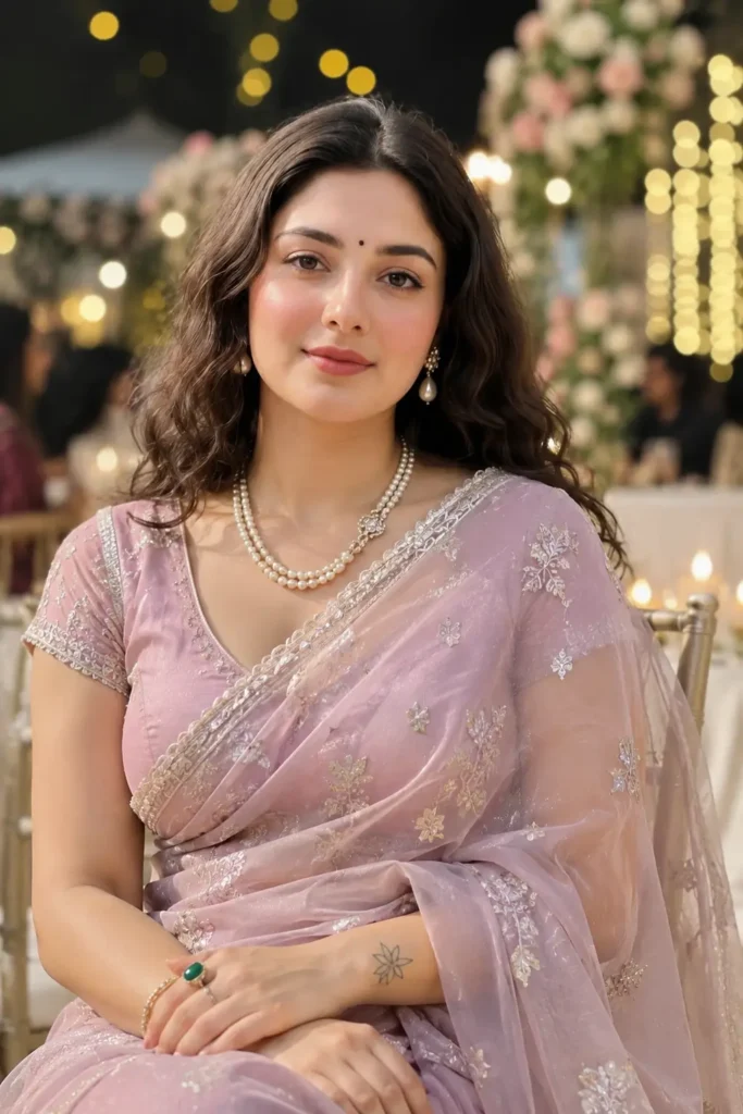 Woman in a pastel organza saree with pearl jewellery at an Indian wedding