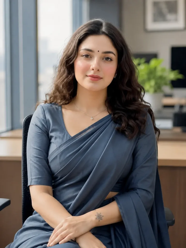 Professional woman wearing a neatly draped saree in a modern office