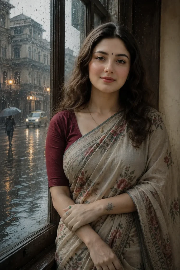 Woman in a vintage saree beside a rain-covered window with soft film grain