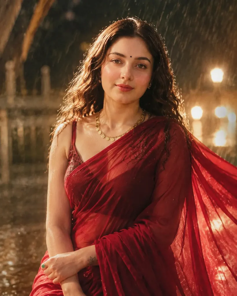 Woman in a flowing red chiffon saree styled as a rainy 1990s Bollywood portrait