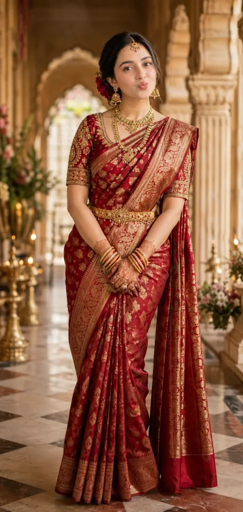 Bride wearing a deep crimson Banarasi silk saree with gold zari and kundan jewellery