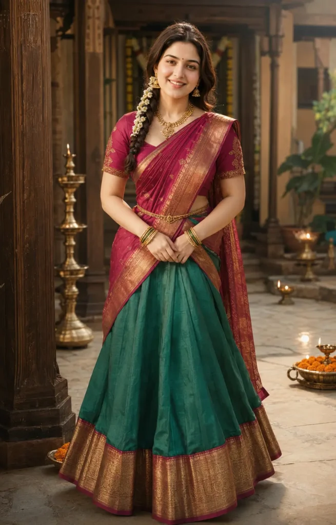 Woman wearing an emerald and magenta South Indian half saree with temple jewellery
