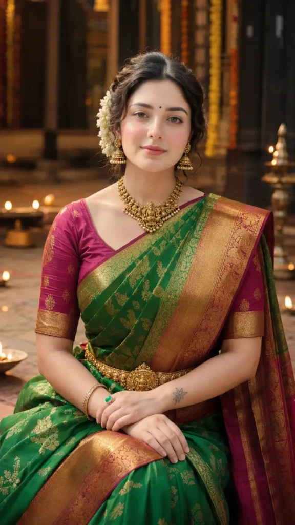 Woman in a Kanjivaram silk saree with temple jewellery and jasmine flowers
