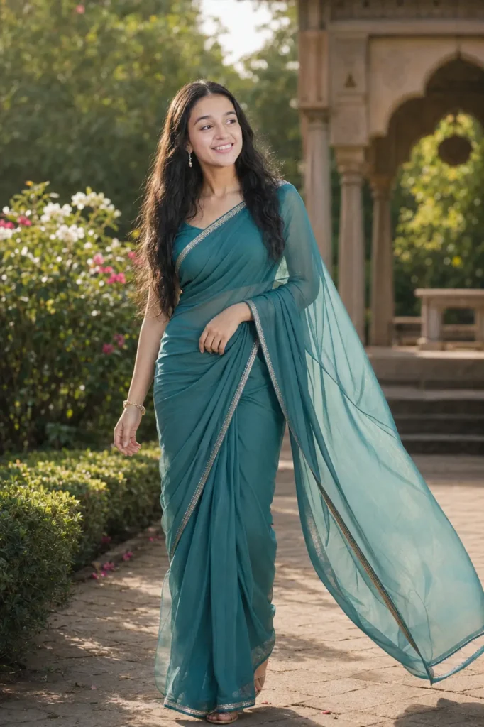 Woman walking through a heritage garden in a teal georgette saree with flowing pallu