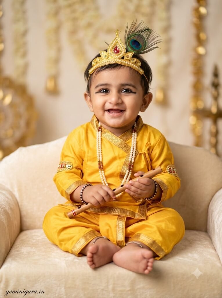 Baby dressed as Bal Gopal for Janmashtami with yellow dhoti, crown and peacock feather