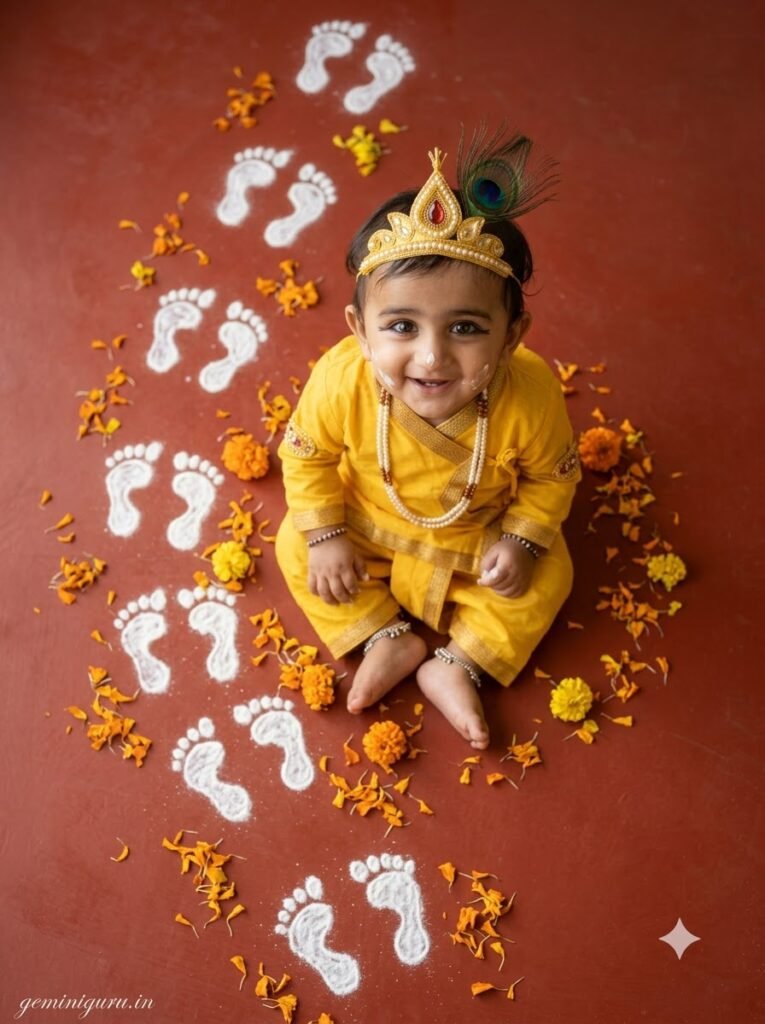 Baby dressed as Bal Gopal sitting beside a Janmashtami footprint rangoli with marigold petals