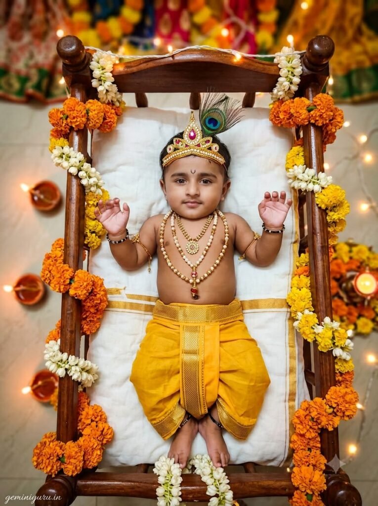 Baby dressed as Bal Gopal lying in a flower-decorated Janmashtami cradle