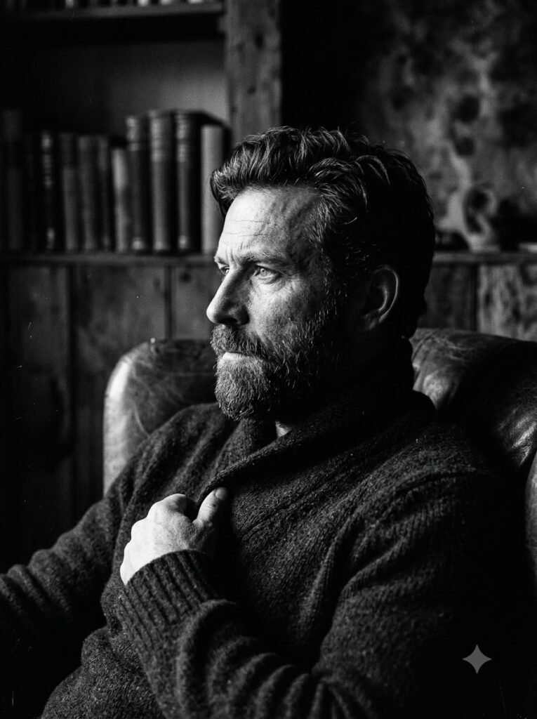 Black-and-white retro portrait with strong contrast and visible film grain