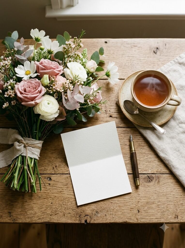 Mother's Day bouquet, blank greeting card and cup of tea arranged on a table
