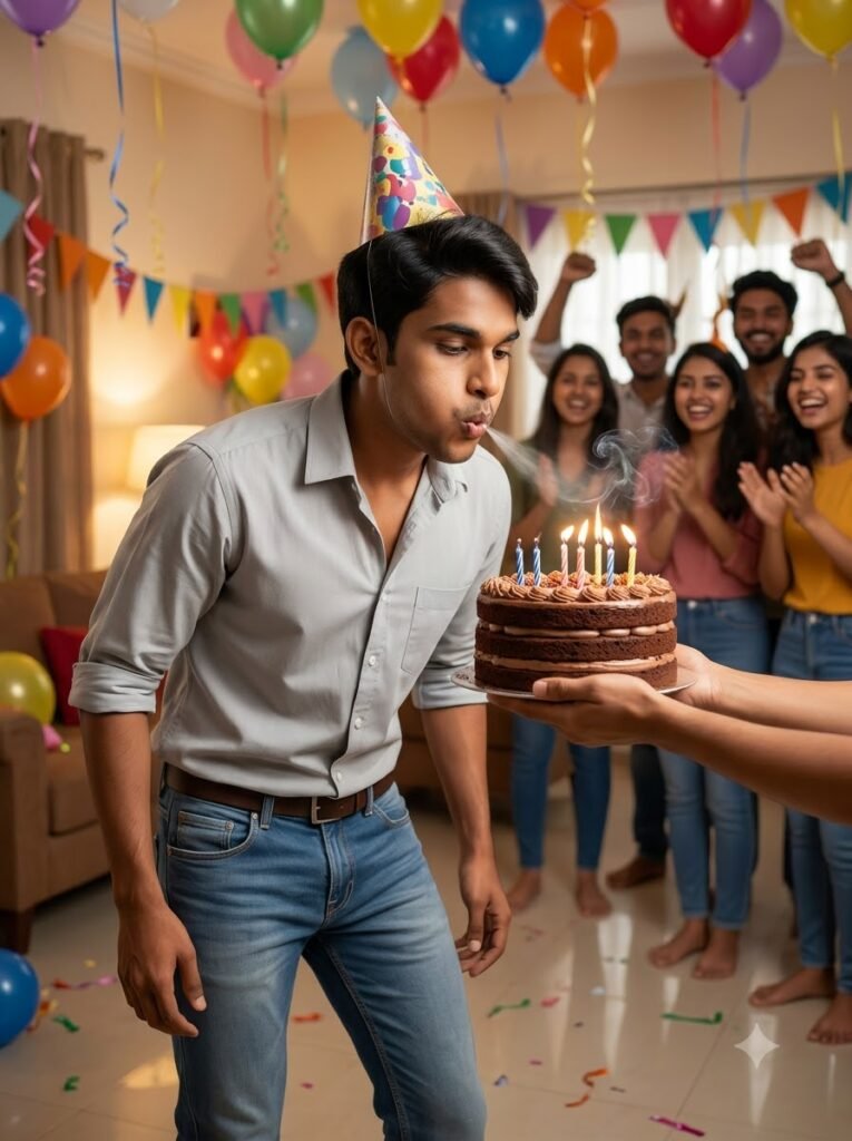 Young boy blowing out candles on a birthday cake