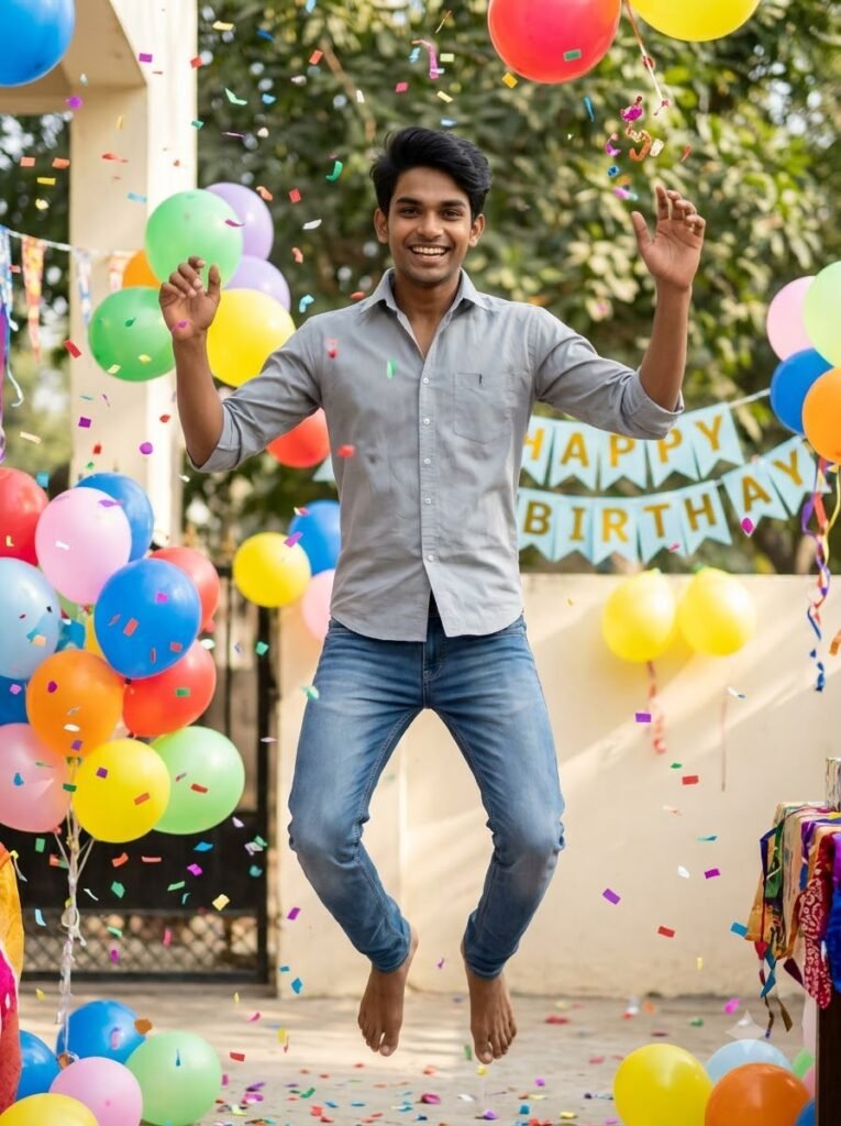 Boy jumping with balloons and confetti at a birthday celebration