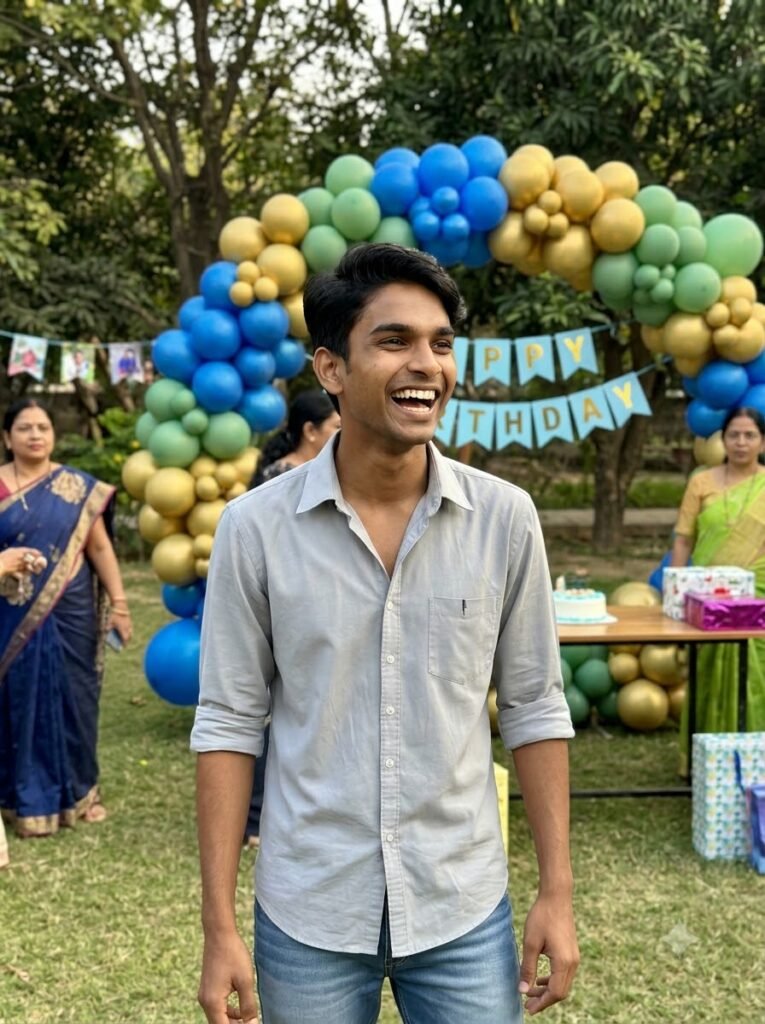 Boy at an outdoor birthday setup with a balloon arch