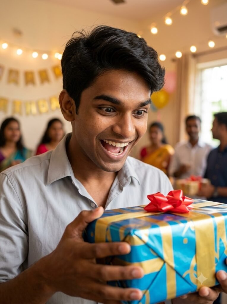 Young boy opening a wrapped birthday present
