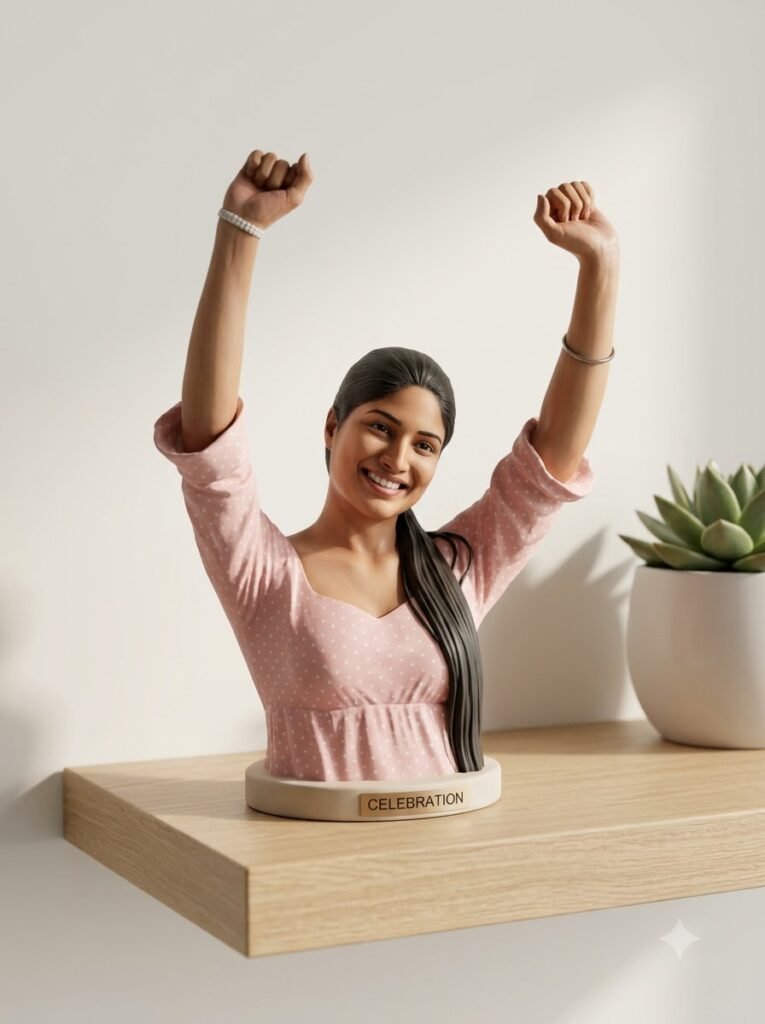 Bust figurine displayed on a floating wall shelf with soft directional lighting
