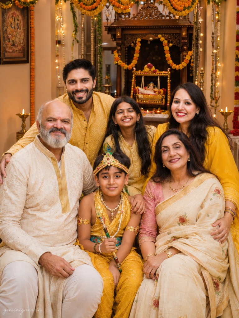 Indian family posing together at home for Janmashtami with a child dressed as Bal Gopal