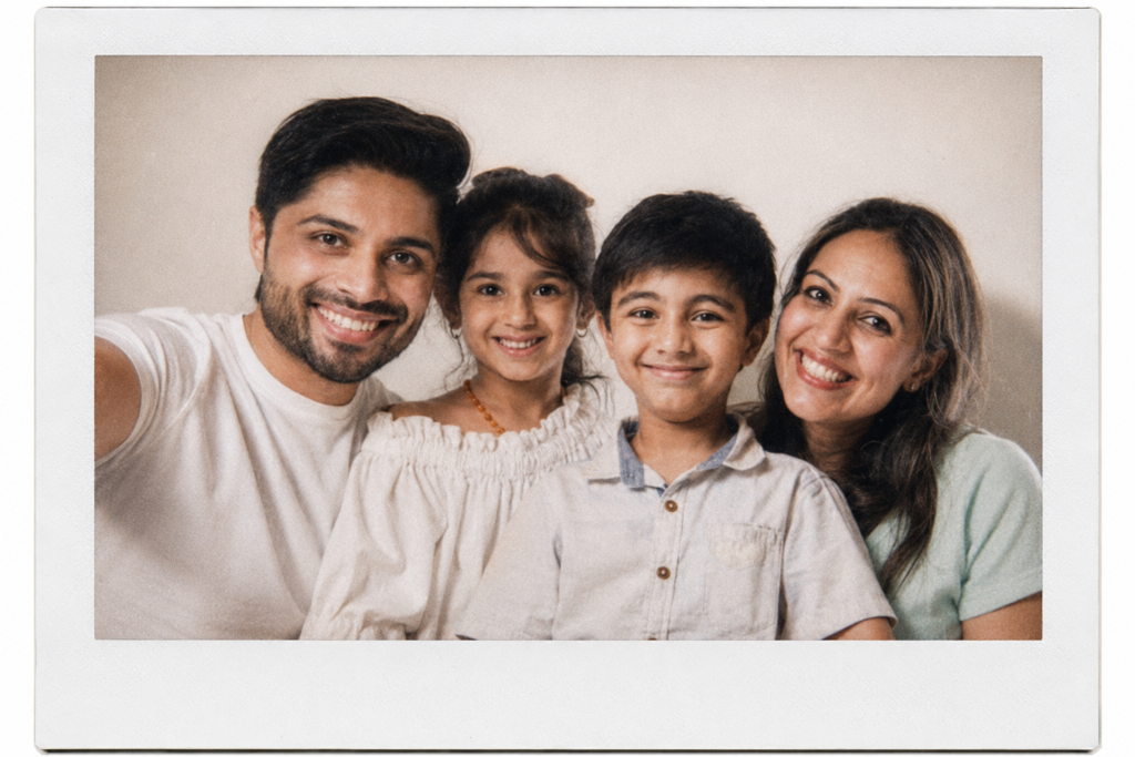 Family of four smiling together in a Polaroid-style group photo