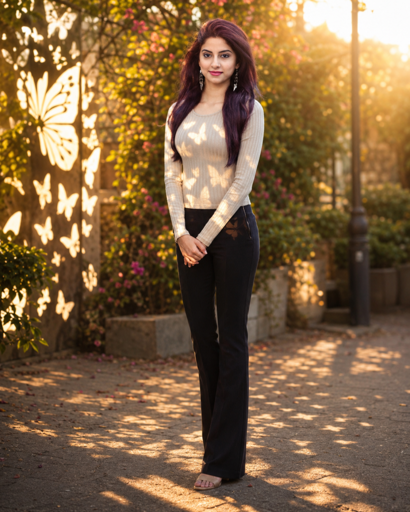 Full-body portrait of a woman with butterfly-shaped light patterns across her outfit