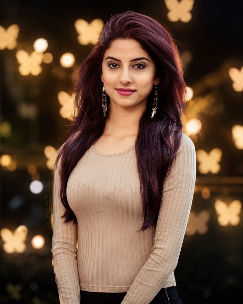 Woman's portrait with warm butterfly-shaped bokeh lights blurred in the background