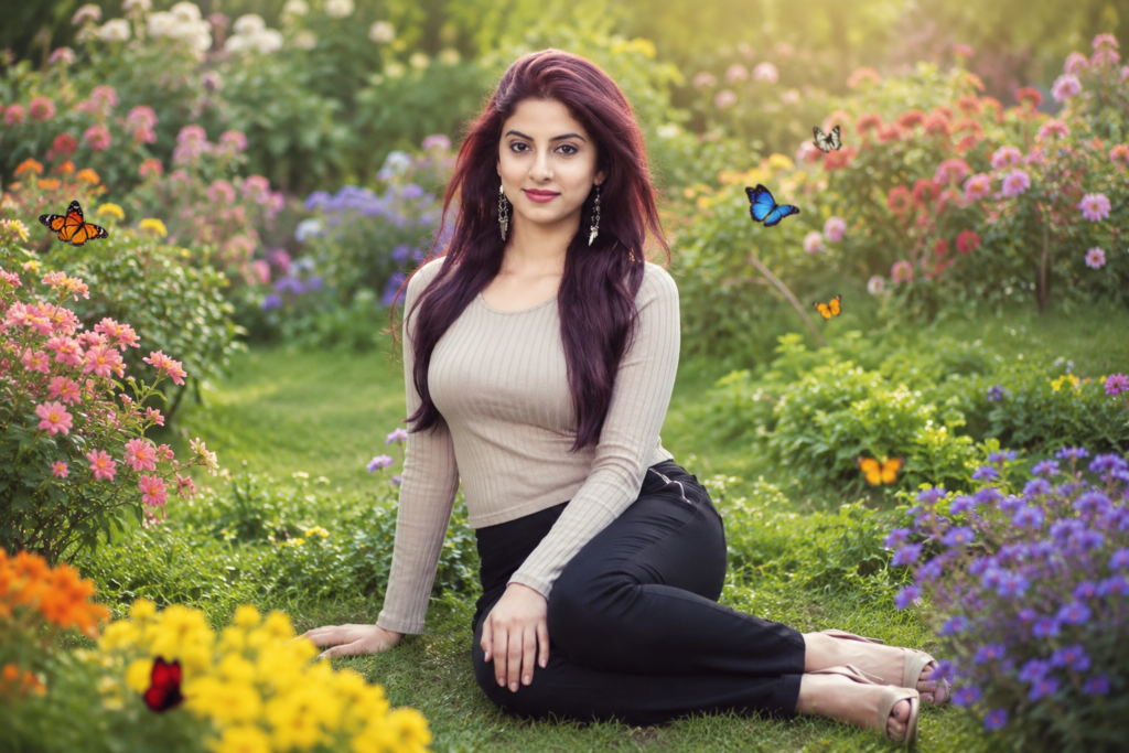 Woman sitting peacefully in a blooming flower garden with several butterflies around her