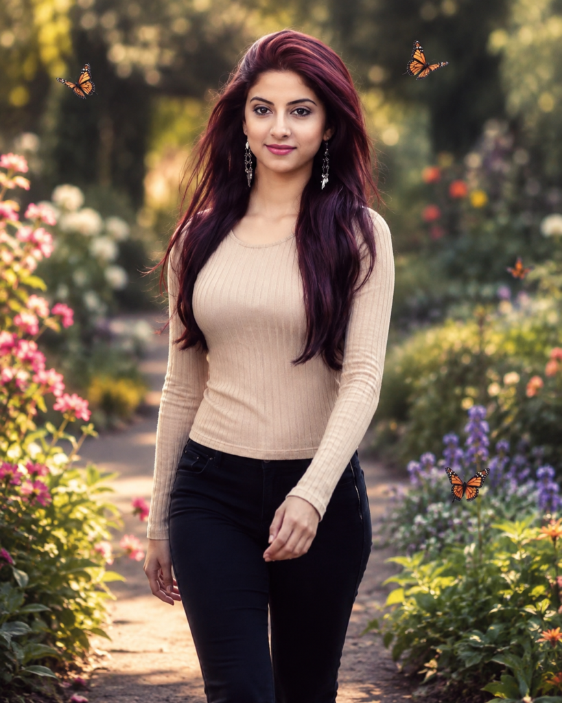 Woman walking along a garden path with butterflies flying around her in afternoon light