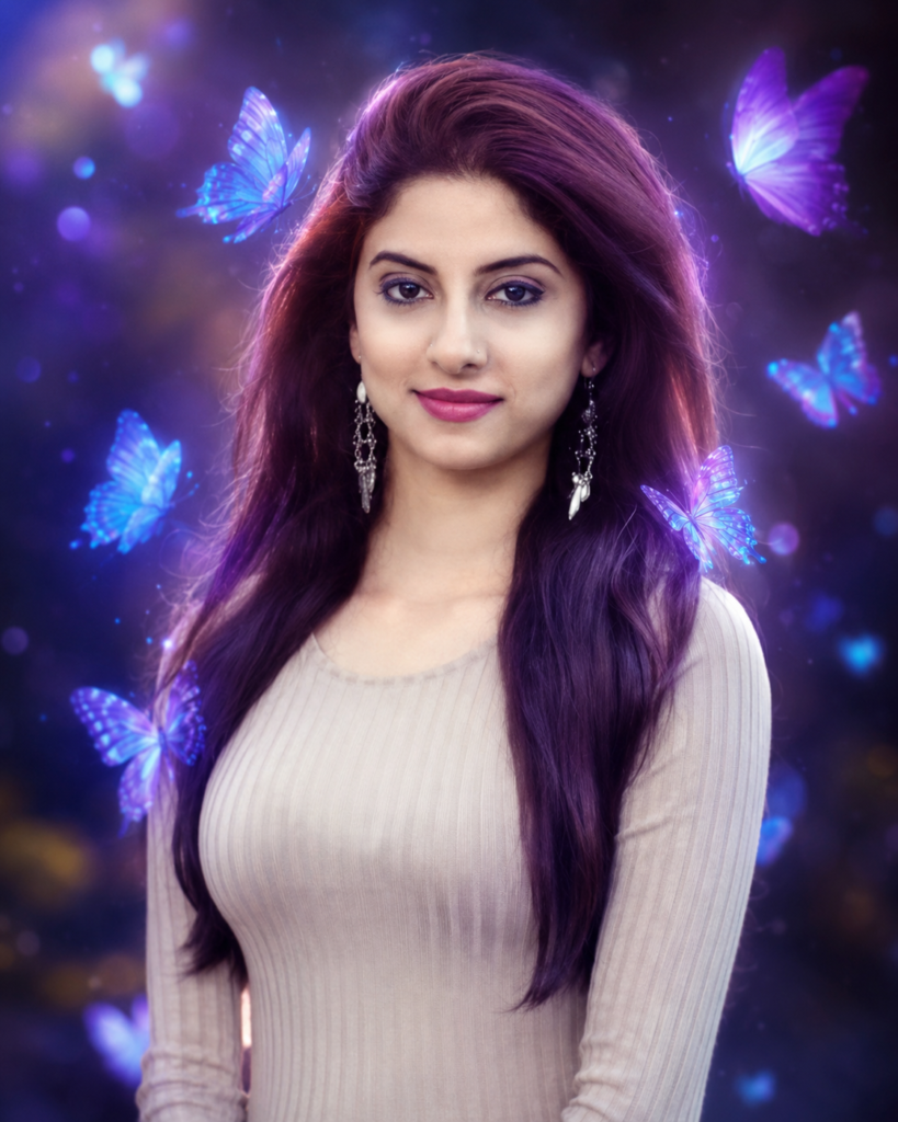 Woman surrounded by softly glowing blue and purple fantasy butterflies