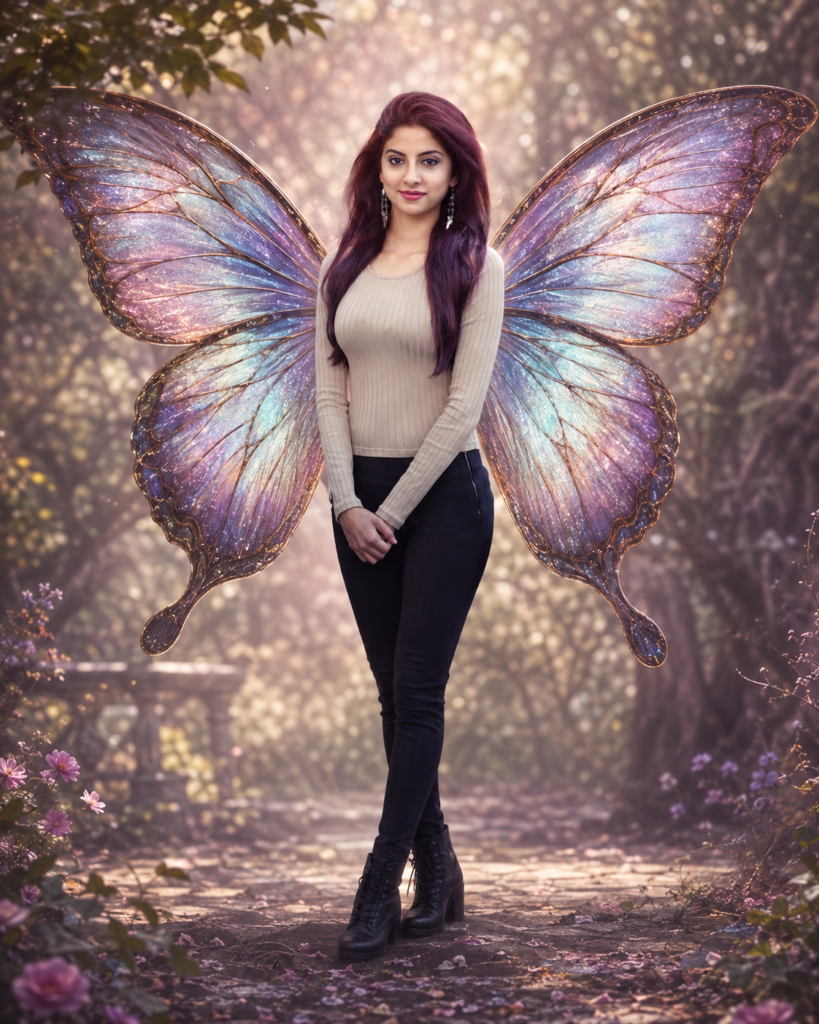 Full-body fantasy portrait of a woman wearing oversized iridescent butterfly wings