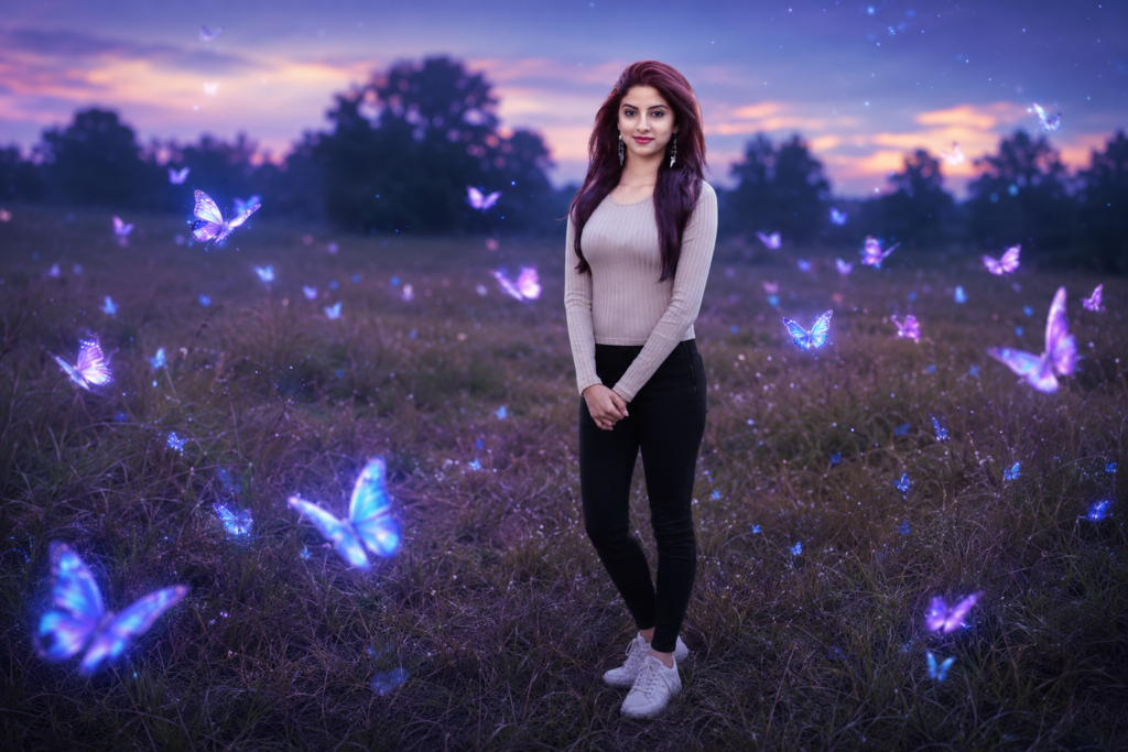 Woman standing in a field at dusk with luminous fantasy butterflies rising around her