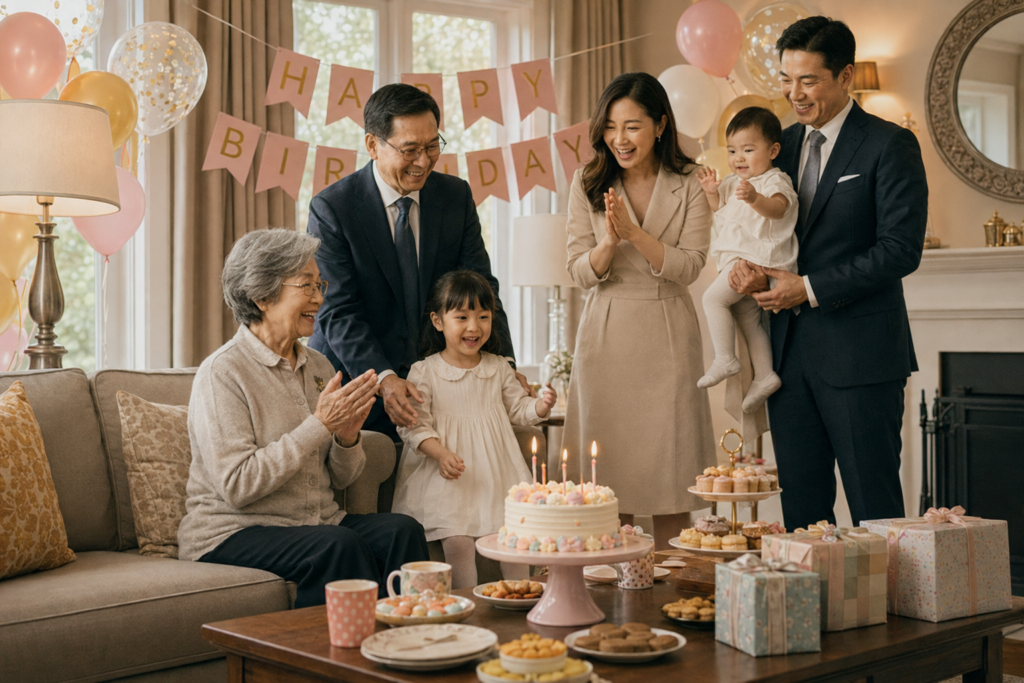Family birthday party in a decorated living room with balloons