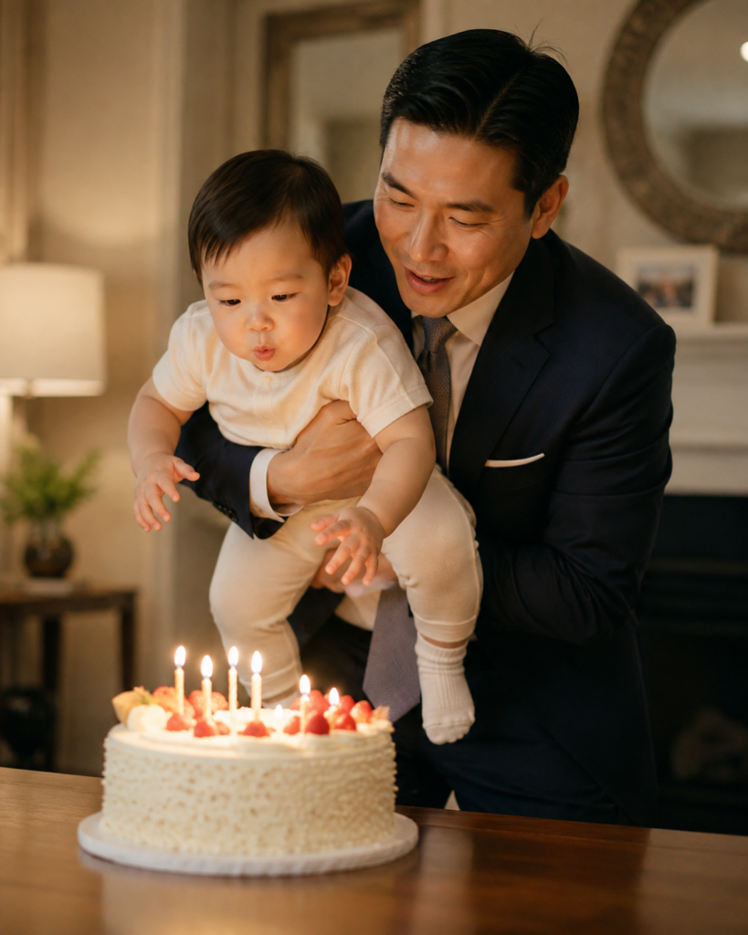 Parent lifting a young child to blow out birthday candles together