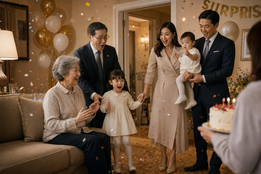Family reacting together at a surprise birthday party