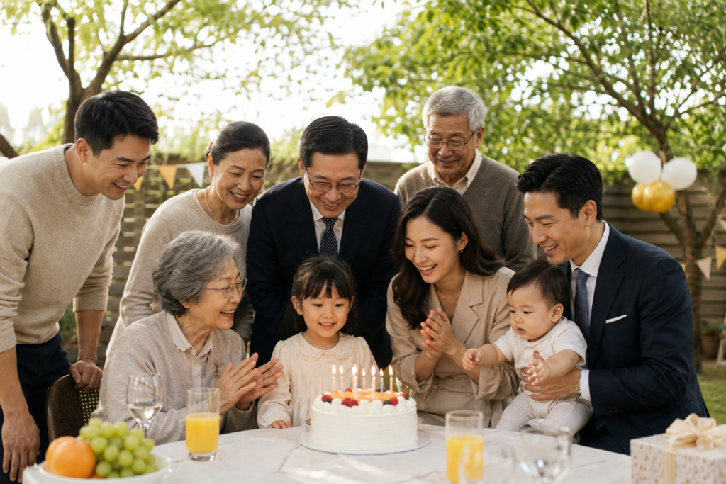 Family gathered around a birthday cake with candles lit