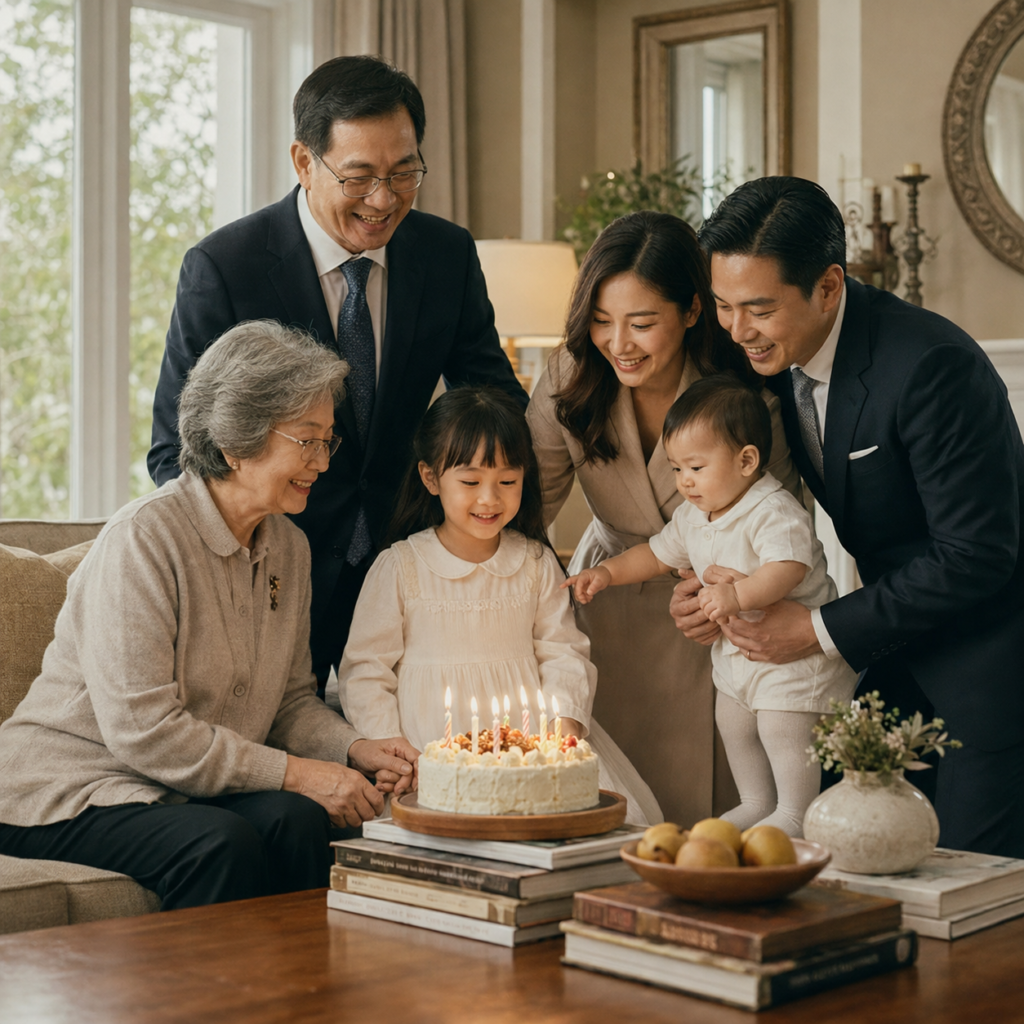 Three generations celebrating a birthday together outdoors