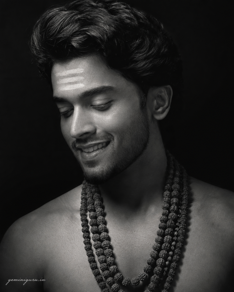 Black and white Mahadev devotee portrait with rudraksha malas and sacred ash