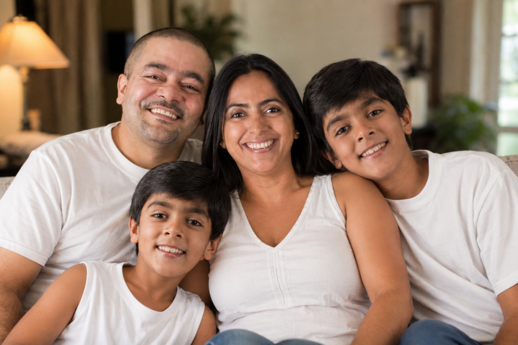 Full family group portrait with the mother at the center and everyone leaning toward her