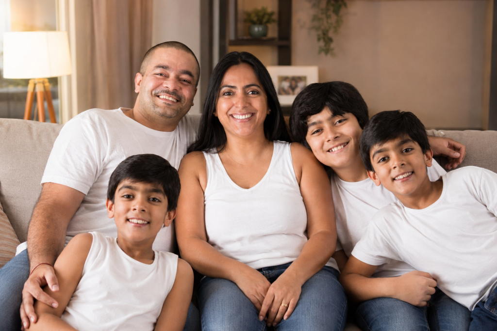 Mother with children of different ages gathered around her on a sofa