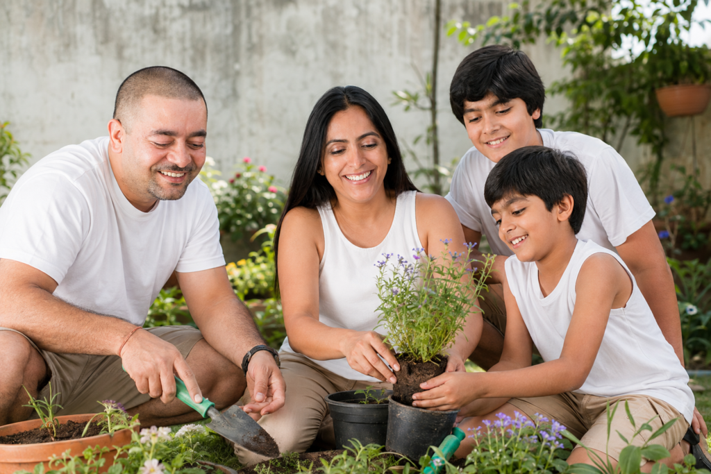 Mother teaching a child while the family gardens together outdoors