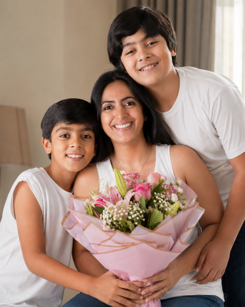 Mother surrounded by her children while holding a bouquet of flowers