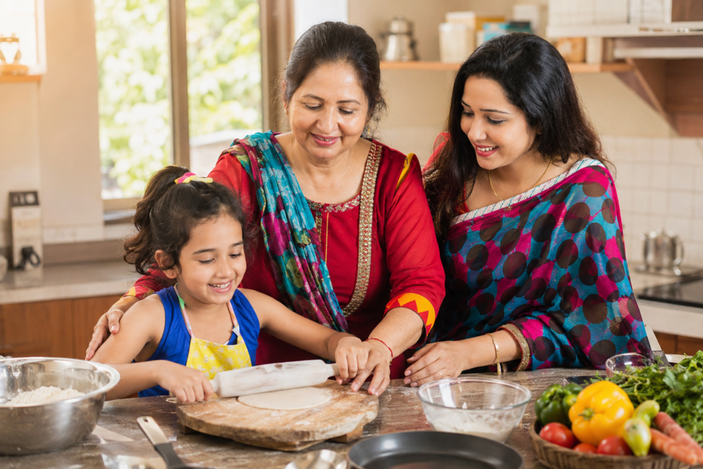 Three generations of women cooking together in a warm family kitchen