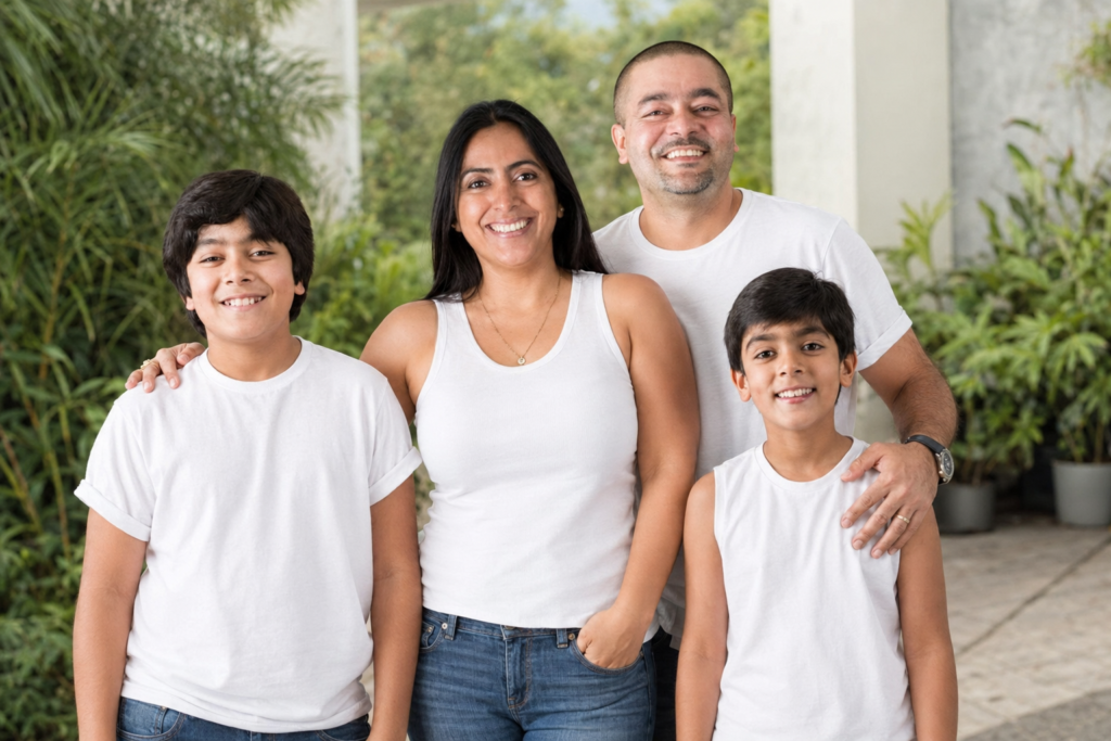 Entire family standing together with the mother at the center in natural daylight