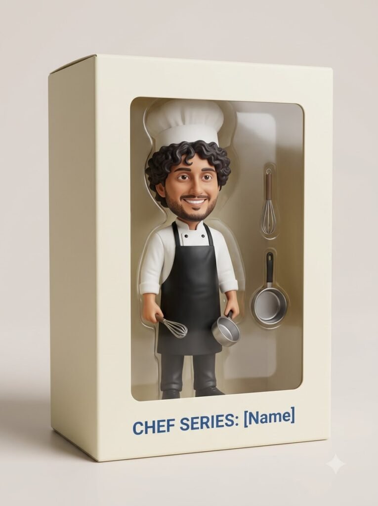 Boxed chef figurine with apron, chef hat, whisk and saucepan accessories