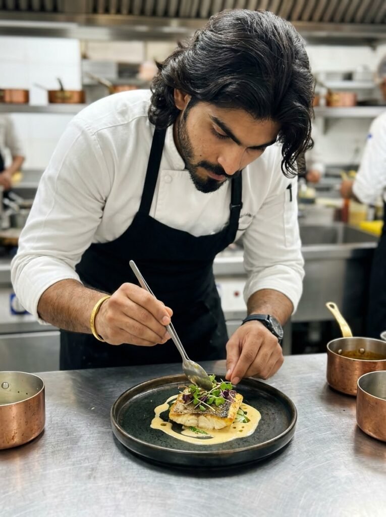 Gemini prompt generator example showing a chef plating a dish in a professional kitchen