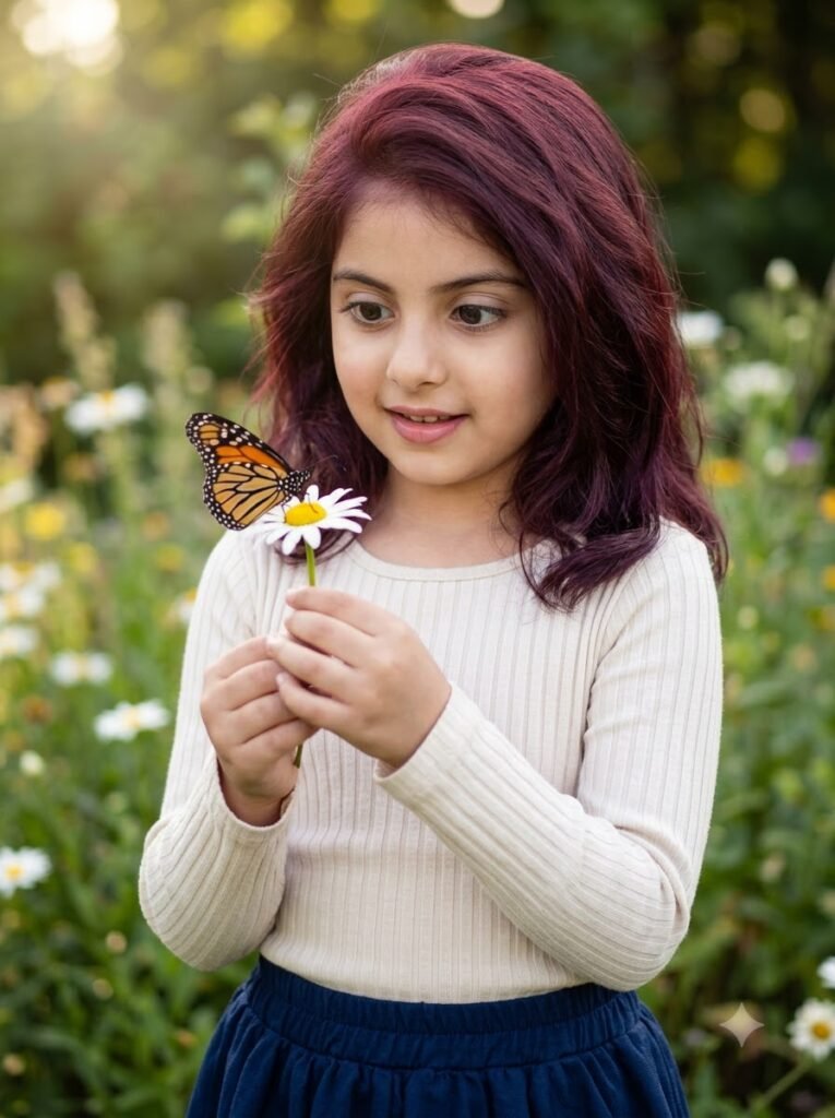 Child watching a butterfly land on a flower they are holding outdoors