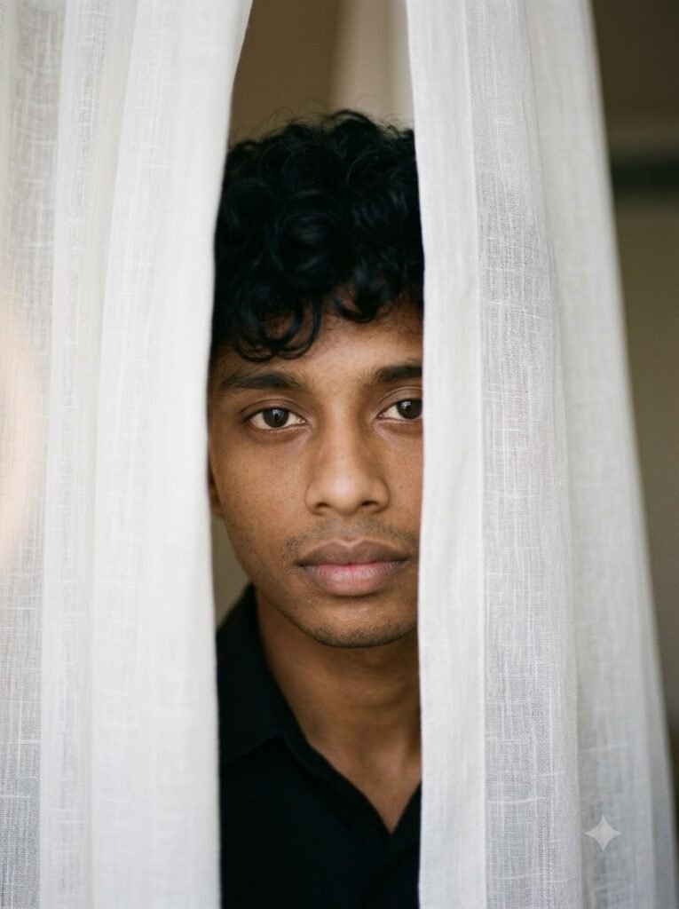 Close portrait photographed through a translucent white curtain