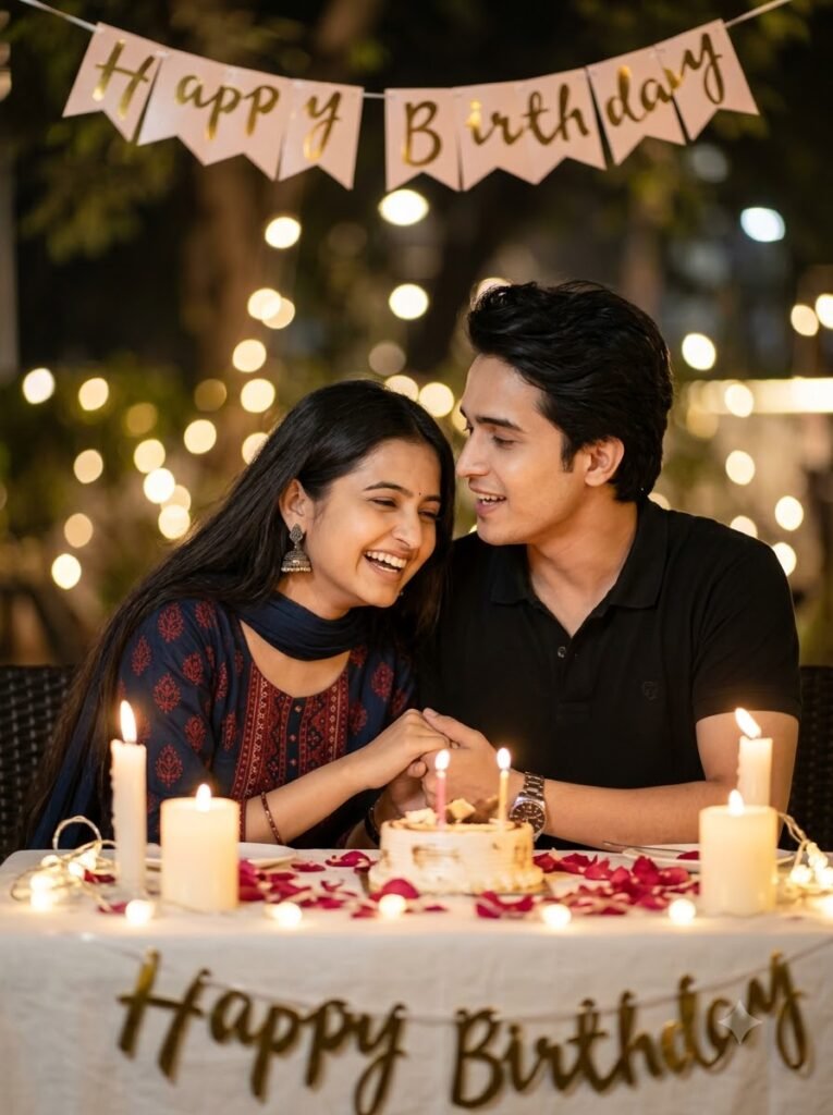 Couple at an intimate birthday dinner with candles and string lights