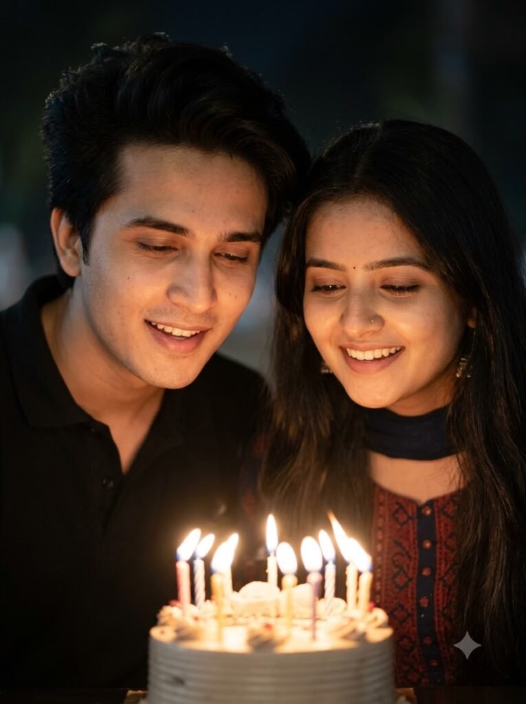 Couple blowing out birthday candles together on a shared cake