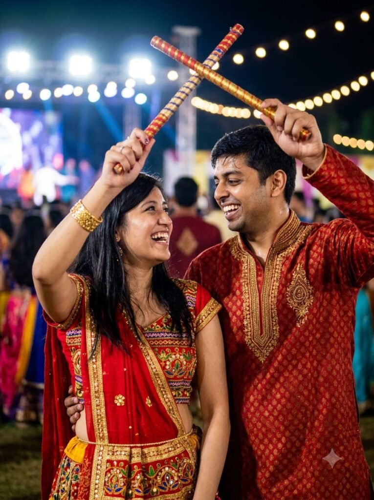 Couple laughing while dancing garba with crossed dandiya sticks under warm festival lights