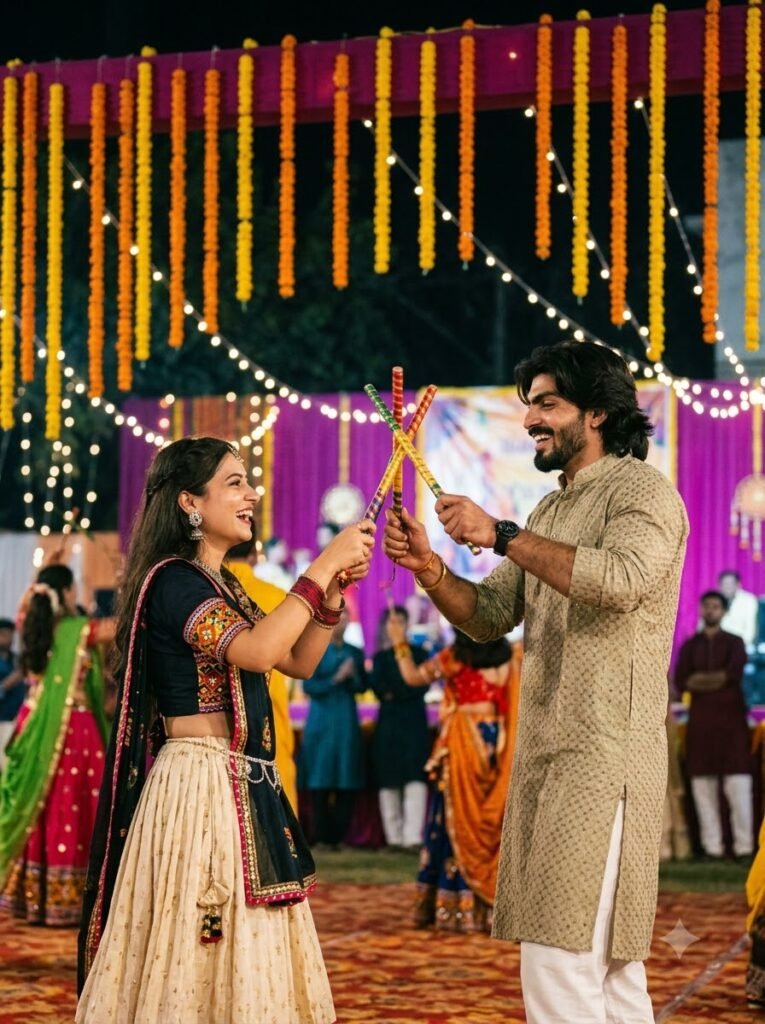 Gemini prompt generator example showing a couple dancing with dandiya sticks and film grain