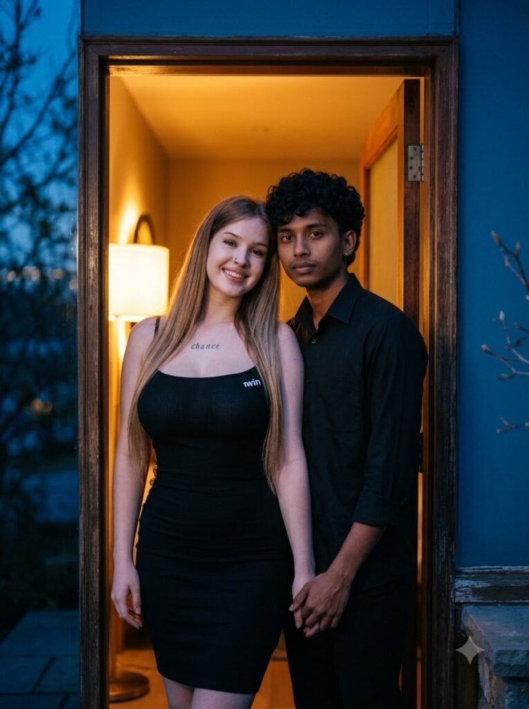 Couple framed inside a doorway with warm interior and cool blue-hour light
