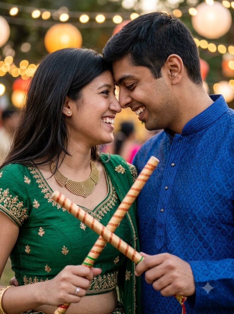 Couple holding crossed dandiya sticks between them under warm Navratri string lights