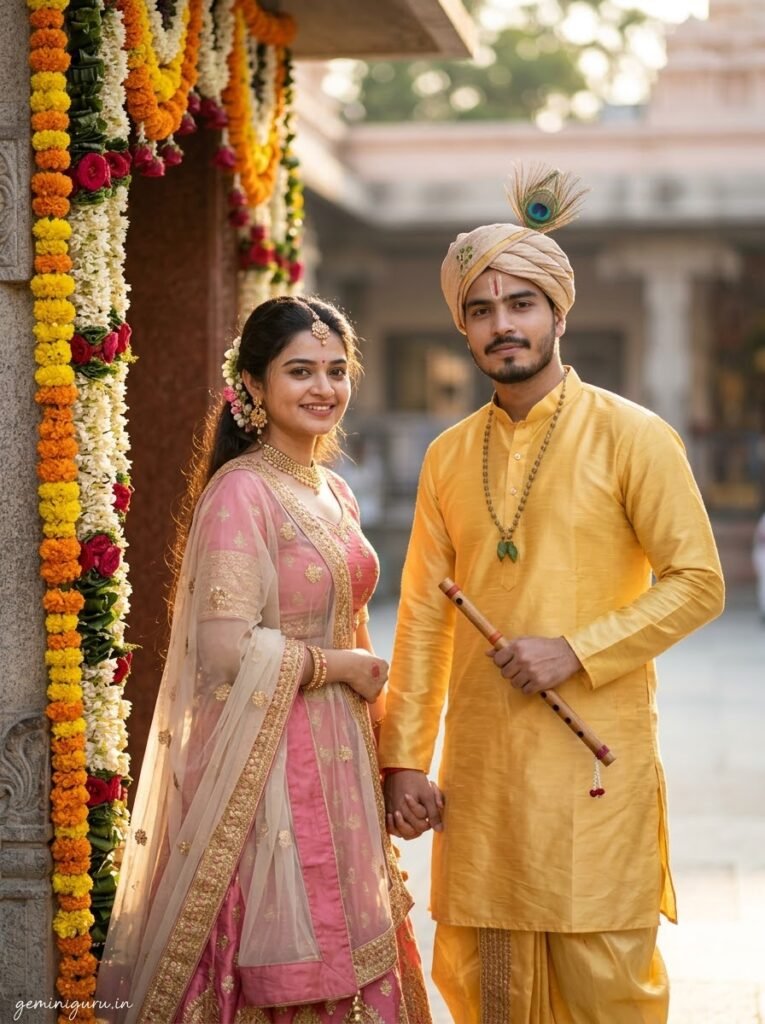 Indian couple in Radha Krishna-inspired traditional attire for Janmashtami